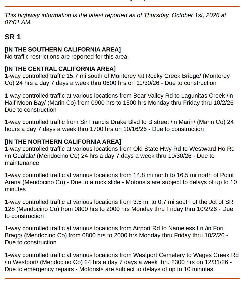 The block on Caltrans — SR 1 report&rsquo;s own page that carries the status of Nacimiento-Fergusson Road
