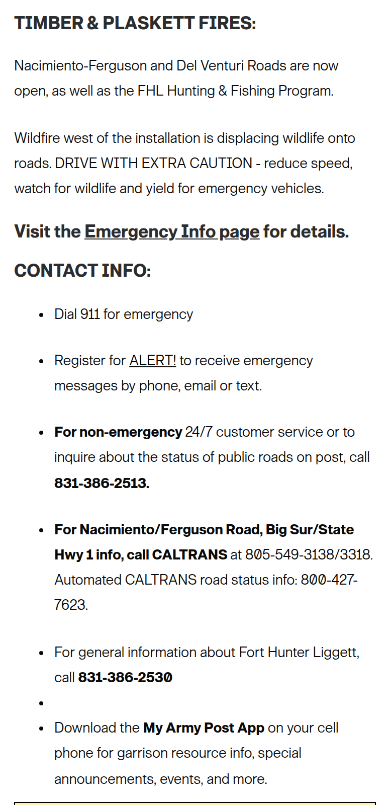The block on Fort Hunter Liggett&rsquo;s own page that carries the status of Nacimiento-Fergusson Road