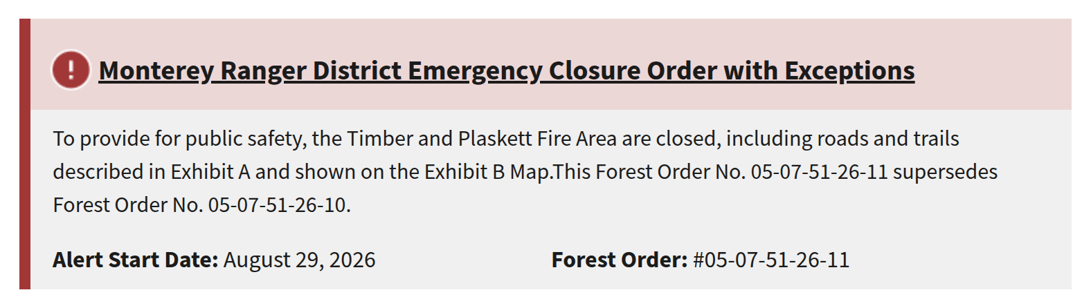 The block on Los Padres National Forest&rsquo;s own page that carries the status of Nacimiento-Fergusson Road